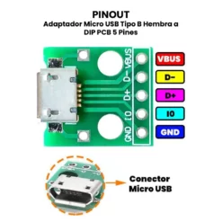 AR0103 - Adaptador Micro USB Tipo B Hembra a DIP PCB 5 Pines PINOUT