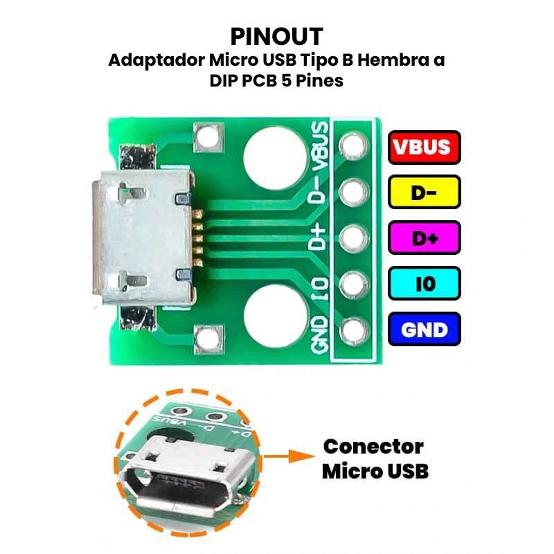 AR0103 - Adaptador Micro USB Tipo B Hembra a DIP PCB 5 Pines PINOUT