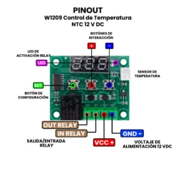 AR0105 - W1209 Control de Temperatura NTC 12 V DC Diagrama de Conexión VCA PINOUT