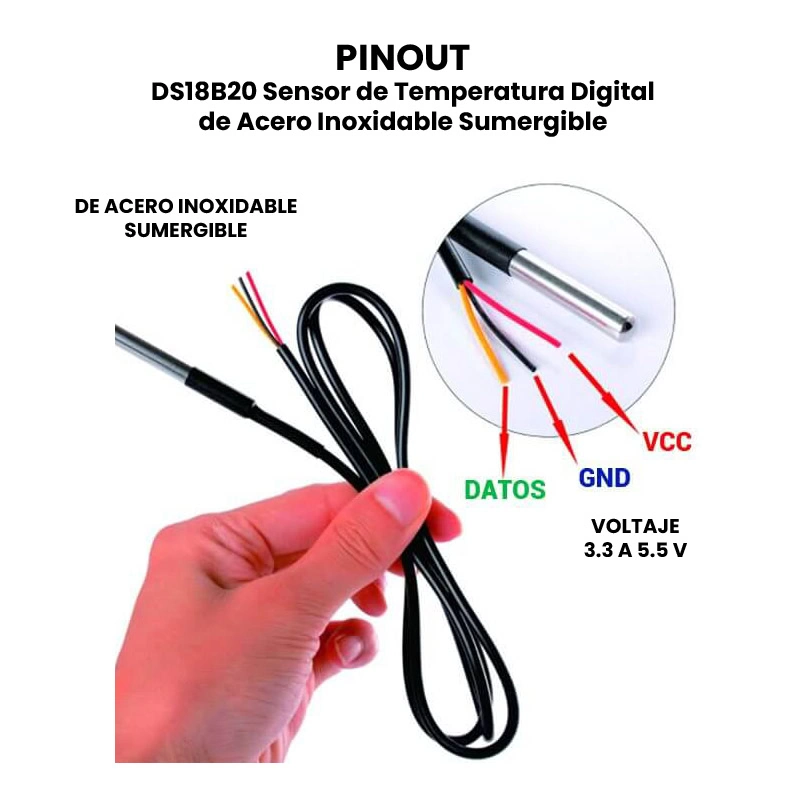 AR0358 - DS18B20 Sensor de Temperatura Digital de Acero Inoxidable Sumergible PINOUT