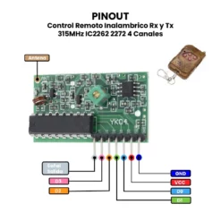 AR0386 - Control Remoto Inalambrico Receptor y Transmisor 315MHz IC2262 2272 4 Canales PINOUT