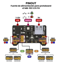 AR0484 - Fuente de alimentación para protoboard v2 MB-102 3.3V 5V PINOUT