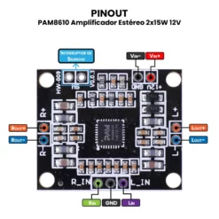 AR00597 - PAM8610 Amplificador Estéreo 2x15W 12V PINOUT