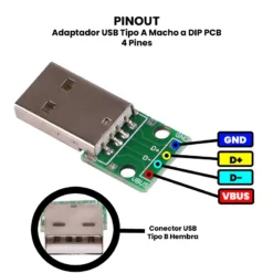 AR0575 - Adaptador USB Tipo A Macho a DIP PCB 4 Pines PINOUT