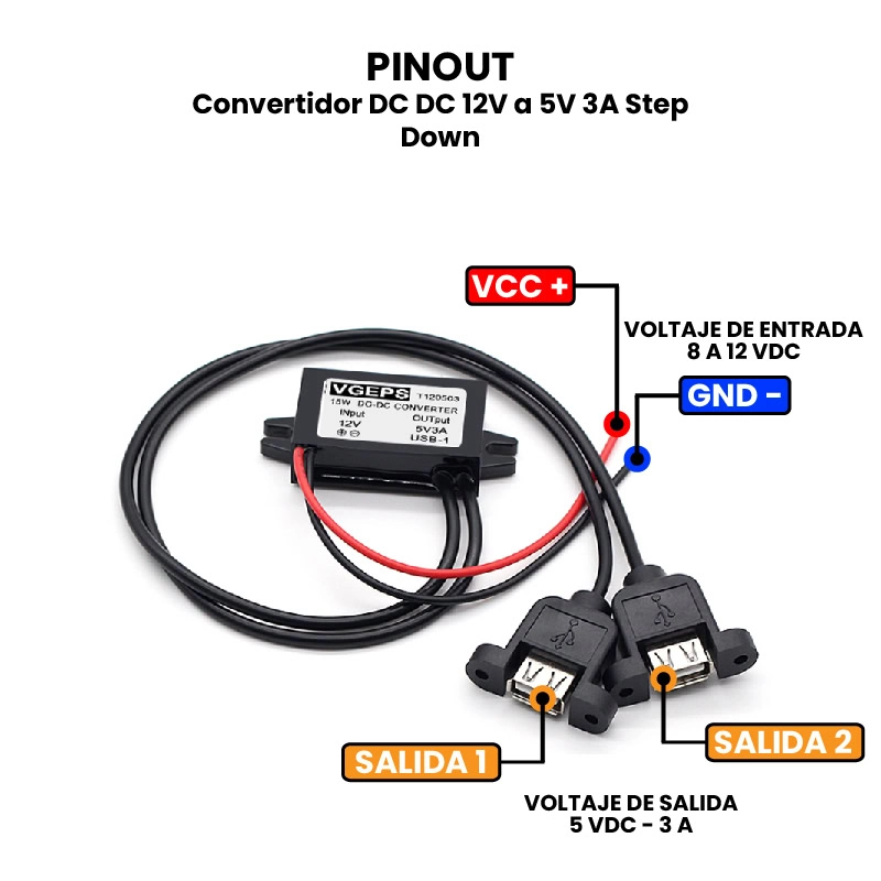 AR0786 - Convertidor DC DC 12V a 5V 3A Step Down PINOUT