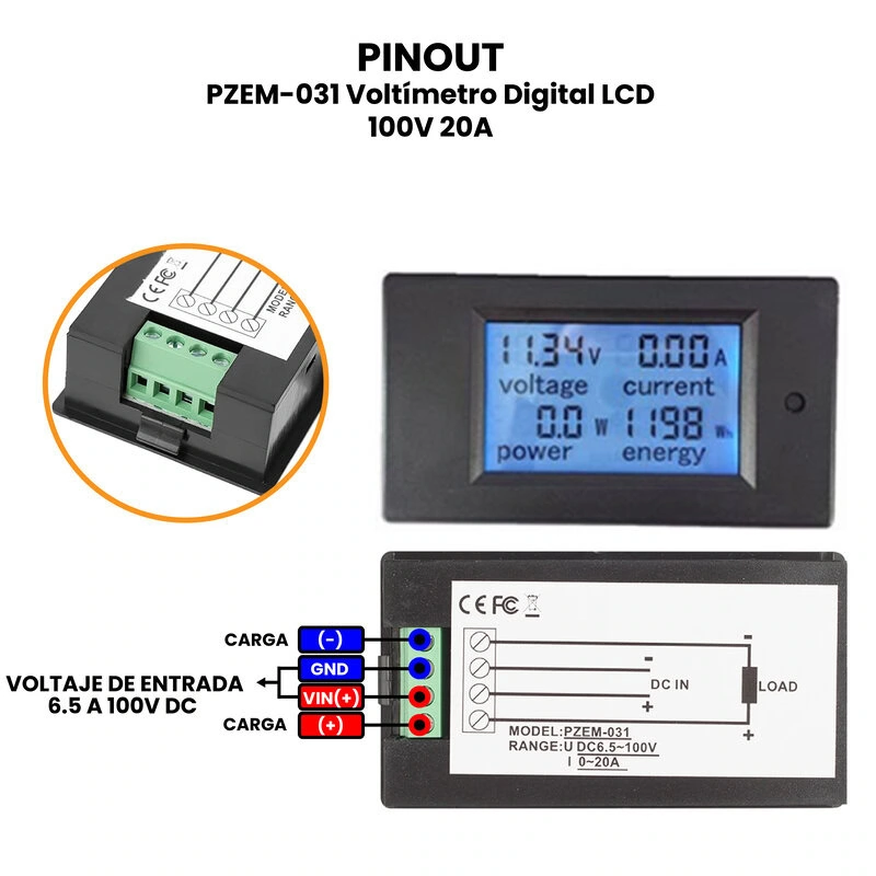 AR0878 - PZEM-031 Voltímetro Digital LCD 100V20A PINOUT