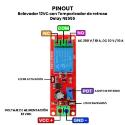 AR0934 - Relevador 12VC con Temporizador de retraso Delay NE555 PINOUT