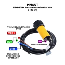 AR0950 - E18-D80NK Sensor de Proximidad NPN 3-80cm PINOUT