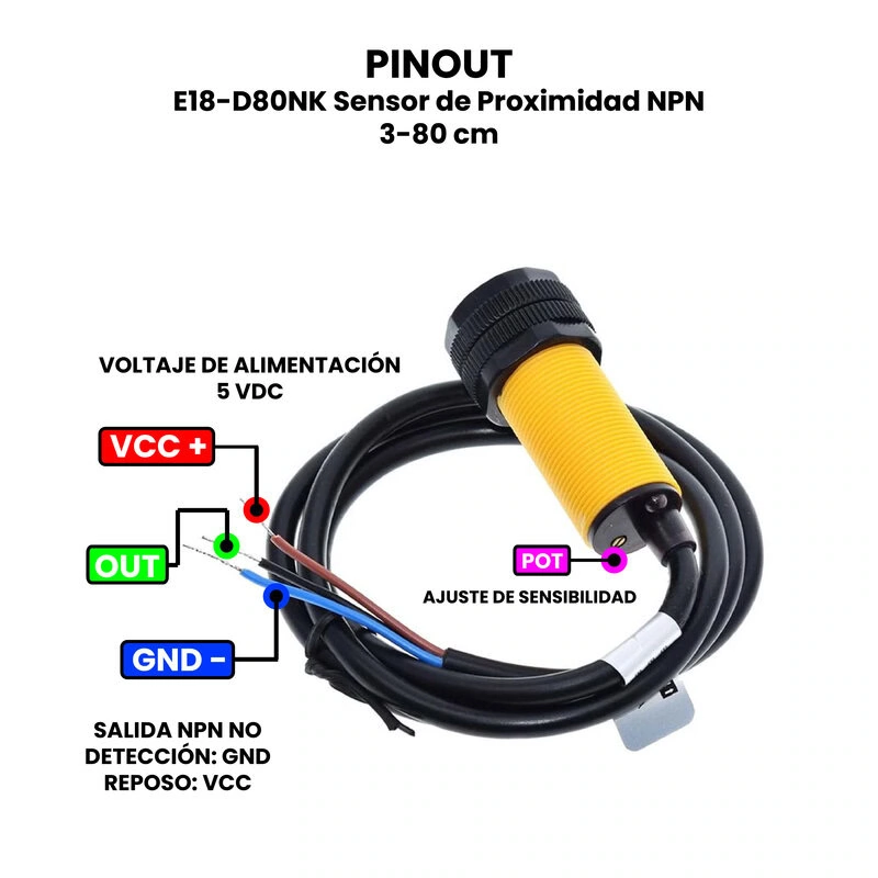 AR0950 - E18-D80NK Sensor de Proximidad NPN 3-80cm PINOUT