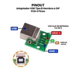AR0123 - Adaptador USB Tipo B Hembra a DIP PCB 4 Pines PINOUT