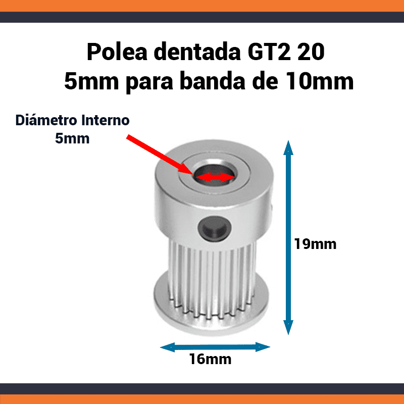 Polea Dentada GT2 20 Dientes Eje 5mm Para Banda 10mm