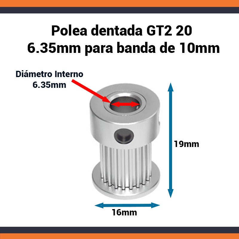 Polea Dentada GT2 20 Dientes Eje 6.35mm Para Banda 10mm