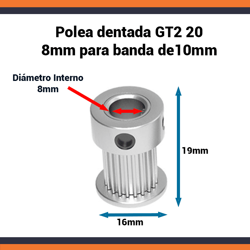 Polea Dentada GT2 20 Dientes Eje 8mm Para Banda 10mm