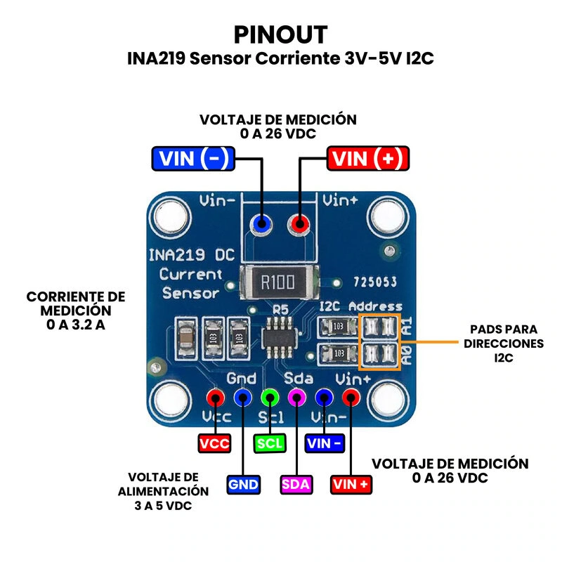 AR1938 - INA219 Sensor Corriente 3V-5V I2C PINOUT