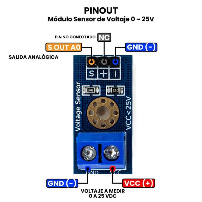 AR2657 - Módulo Sensor de Voltaje 0 ~ 25V DC PINOUT