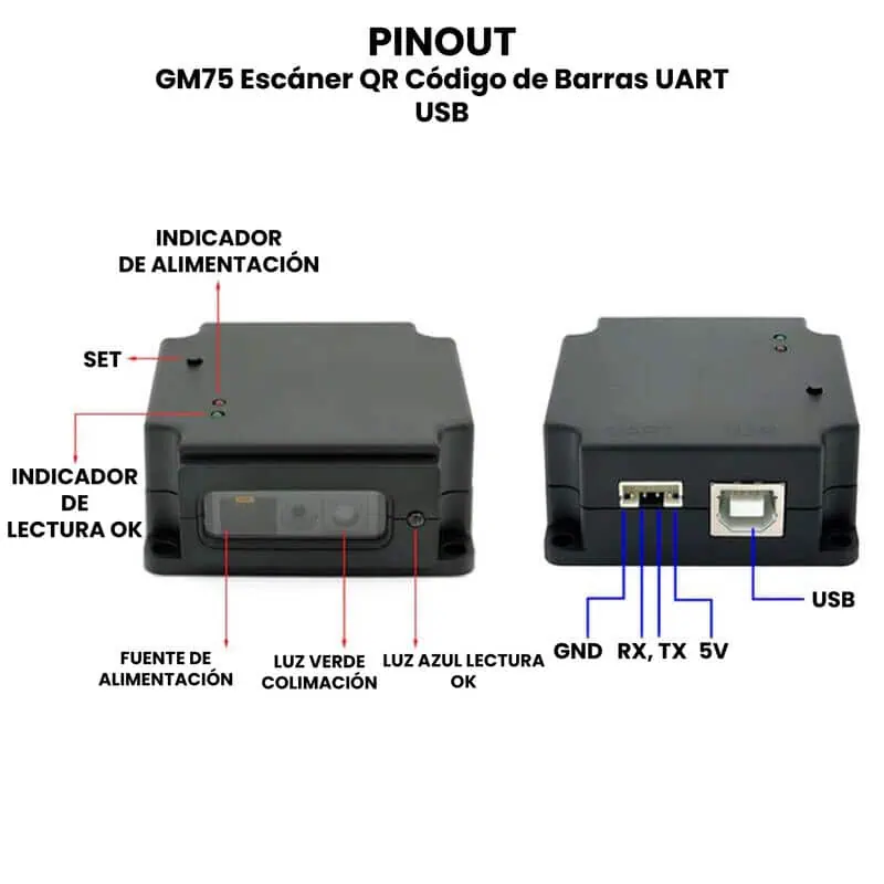 AR3082 - GM75 Escáner QR Código de Barras UART USB PINOUT