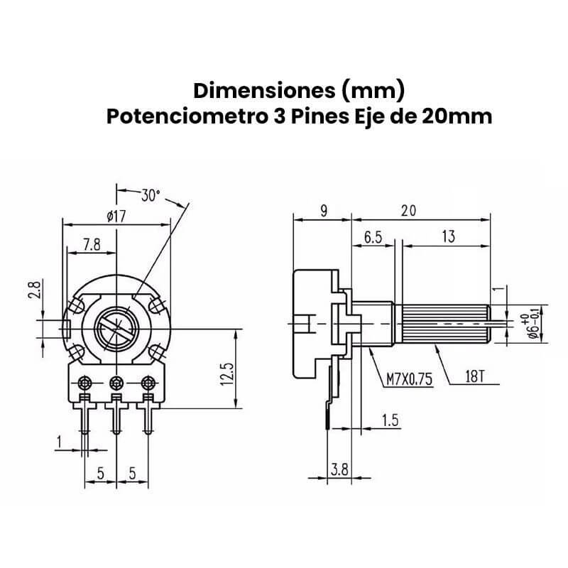Dimensiones potenciometro 3 pines Eje de 20mm