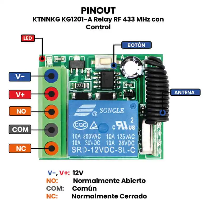 AR3076 - KTNNKG KG1201-A Relay RF 433 MHz con Control PINOUT