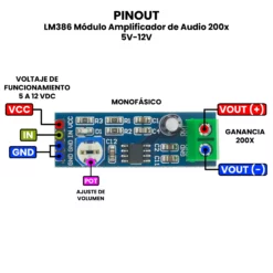AR3455 - LM386 Módulo Amplificador de Audio 200x 5V-12V PINOUT