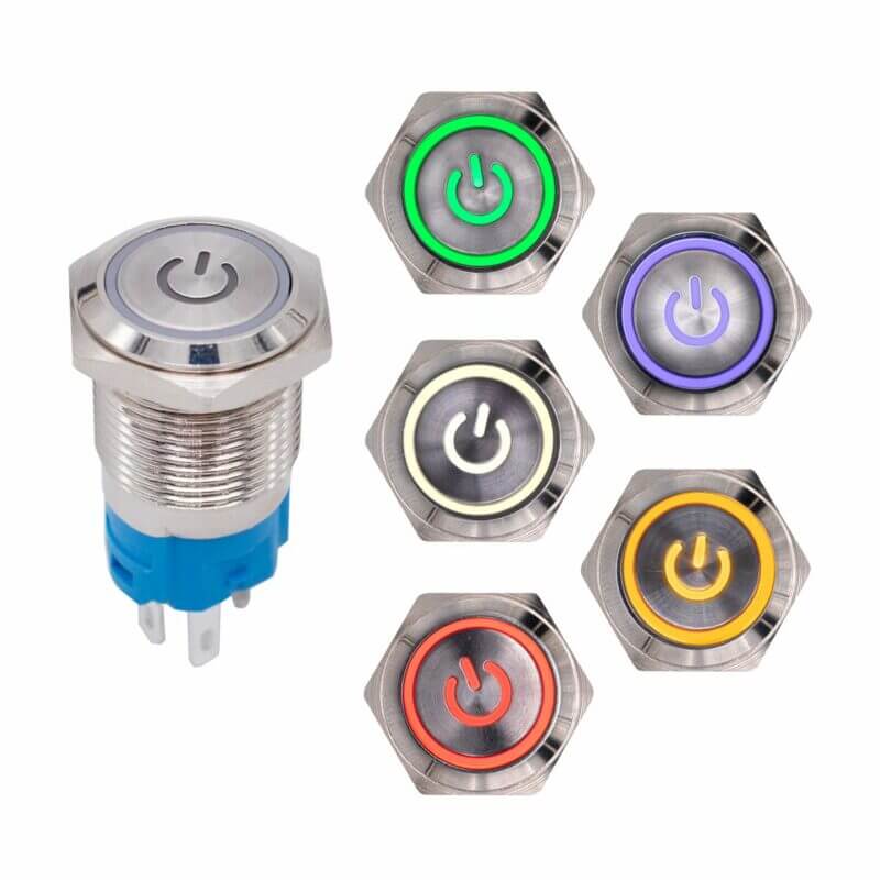 Botón Impermeable Enclavable con Luz 16mm 12-24V Varios Colores