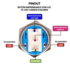 Botón Impermeable con Luz 16mm 12-24V Varios Colores Pinout