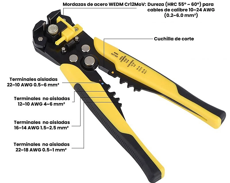 Pelacables Autoajustable con Cortadora de Cable y Crimpado de Terminales