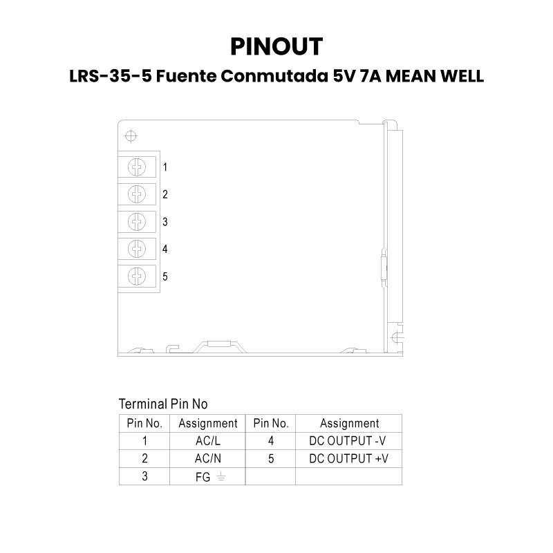 LRS-35-5 Fuente Conmutada 5V 7A MEAN WELL Pinout
