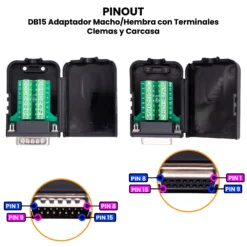 AR5036 - AR5037 - DB15 Adaptador MachoHembra con Terminales Clemas y Carcasa PINOUT