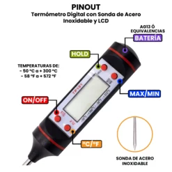 AR4791 - Termómetro Digital con Sonda de Acero Inoxidable y LCD PINOUT