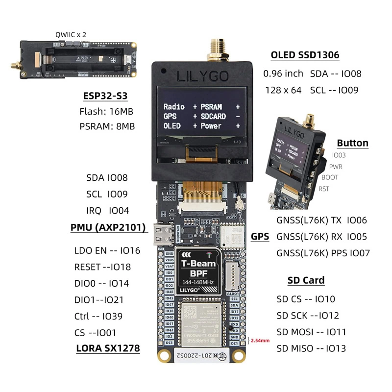 T-Beam BPF LoRa OLED GPS ESP32-S3 Pinout