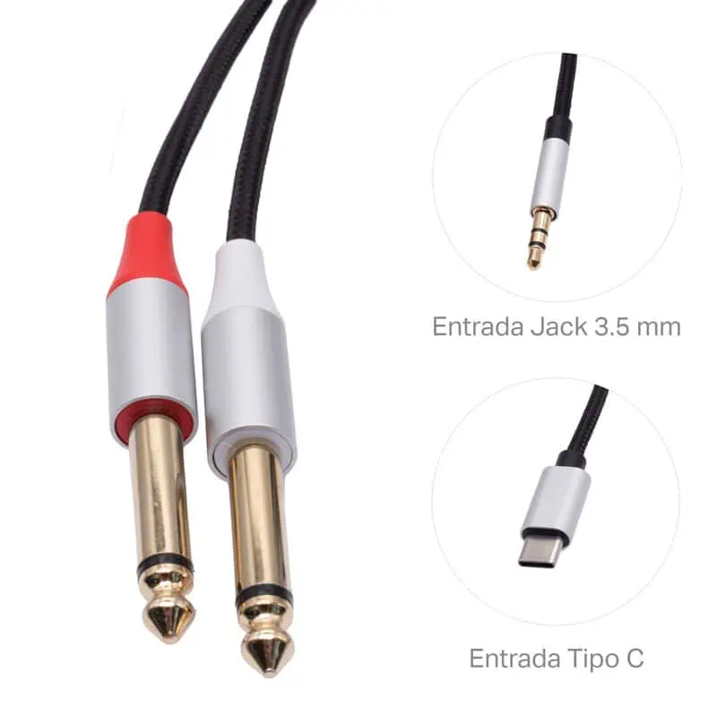 Cable de Audio Plug TS Dual 6.35 mm a USB-CJack 3.5mm 3 metros 1_1