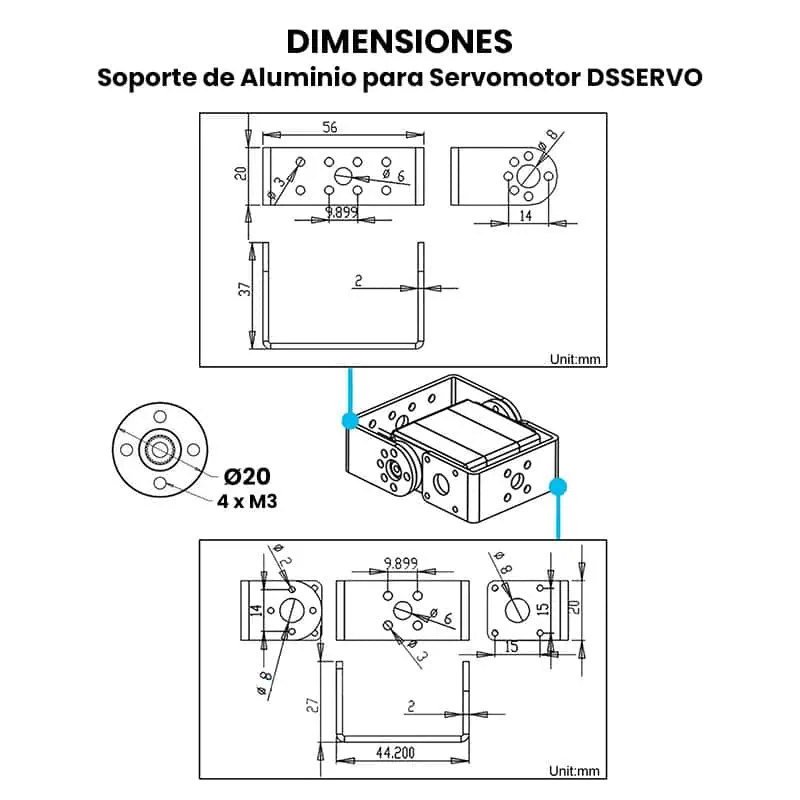 AR4990 - Soporte de Aluminio para Servomotor DSSERVO - Dimensiones